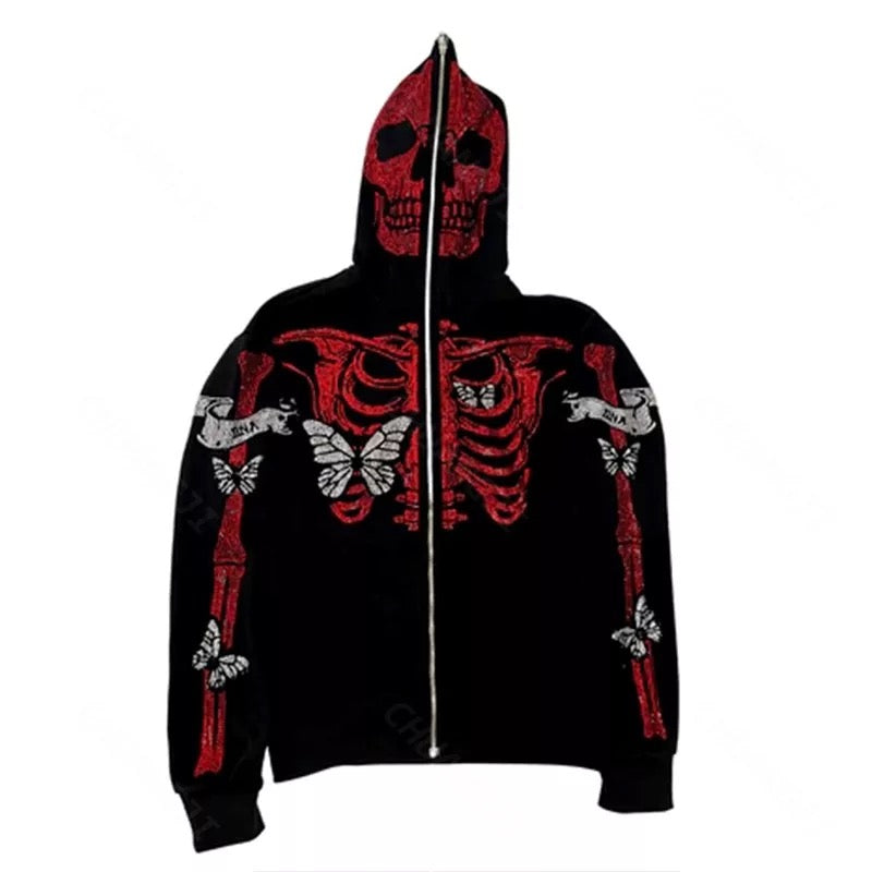 Red Skeleton Rhinestone Zip-Up Hoodie