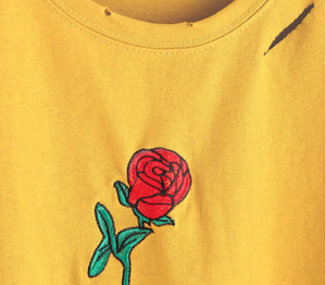 Yellow Rose Embroidered Ripped T-Shirt - Black Crown Fashion