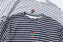 Load image into Gallery viewer, Rose Embroidery Striped Mens T-shirt Short Sleeve - Black Crown Fashion