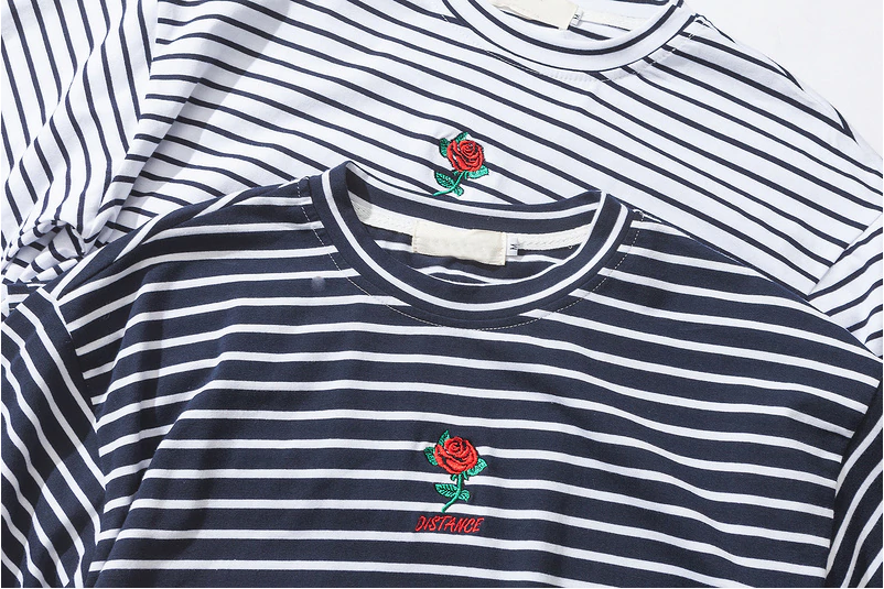 Rose Embroidery Striped Mens T-shirt Short Sleeve - Black Crown Fashion