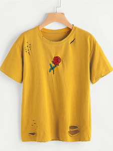 Yellow Rose Embroidered Ripped T-Shirt - Black Crown Fashion