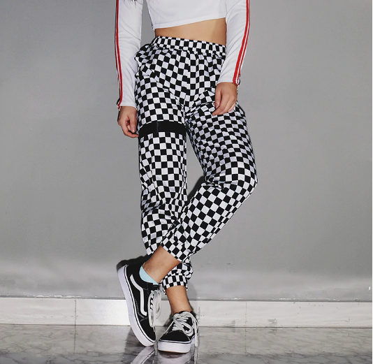 Casual Checkered Track Pants - Black Crown Fashion