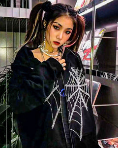 Rhinestone Spider Web Zip-Up Hoodie - Black Crown Fashion