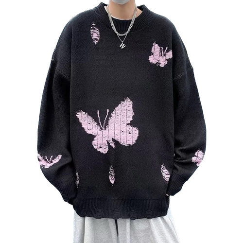 Embroidered Pink Butterfly Crewneck Sweater