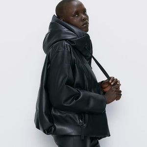 Black Crown Leather Puffer Jacket - Black Crown Fashion