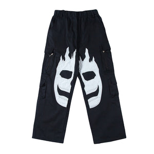 Embroidered Flaming Skull Pants - Black Crown Fashion