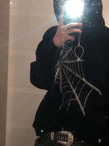 Rhinestone Spider Web Zip-Up Hoodie - Black Crown Fashion
