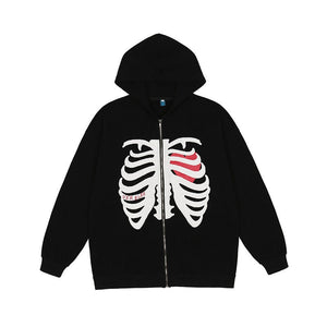 Skeleton Heart Zip-Up Hoodie - Black Crown Fashion