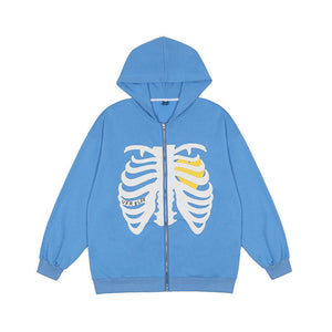 Skeleton Heart Zip-Up Hoodie - Black Crown Fashion