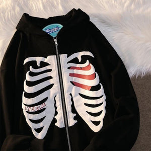 Skeleton Heart Zip-Up Hoodie - Black Crown Fashion