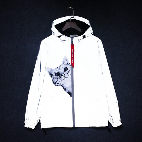 Peeping Cat Reflective Windbreaker - Black Crown Fashion